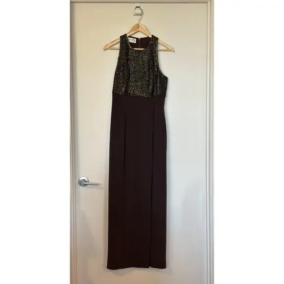 Black Tie Oleg Cassini | Dresses | Vtg Black Tie Oleg Cassini Brown Beaded  Gown Maxi Dress Front Slit Back Zipper | Poshmark